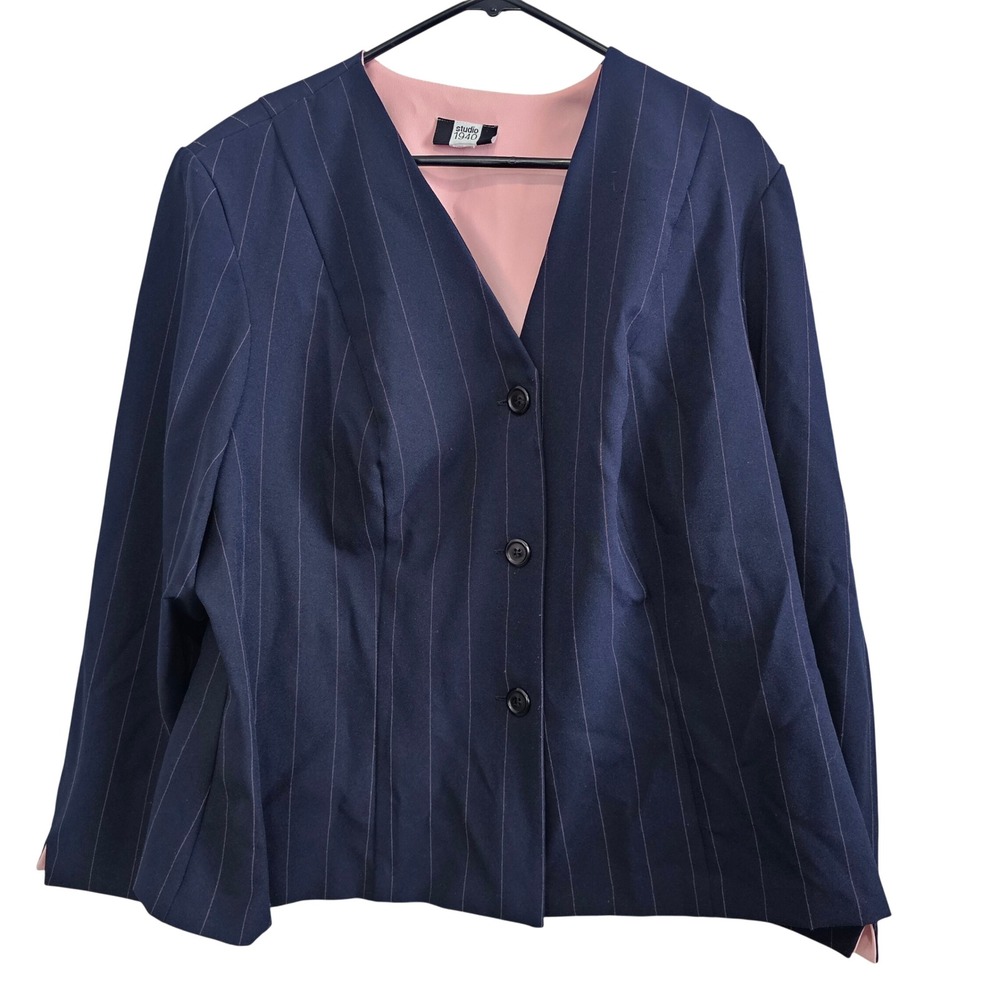 Studio 1940 Womens Navy Blue Pinstripe Collarless Blazer Jacket Pink Lining